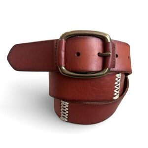 Lucky Brand Brown Leather Belt White Stitching Brass Buckle Size XL